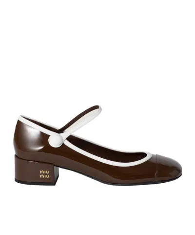 Miu Miu Bicolor Patent Leather Block-heel Mary Jane Pumps In Brown