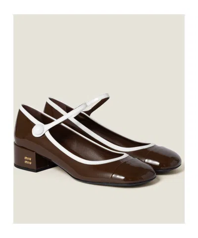 Miu Miu Bicolor Patent Leather Block-heel Mary Jane Pumps In Brown