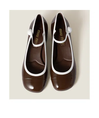 Miu Miu Bicolor Patent Leather Block-heel Mary Jane Pumps In Brown