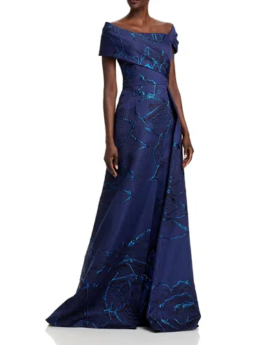 Teri Jon By Rickie Freeman Asymmetrical Jacquard Gown In Navy Multi