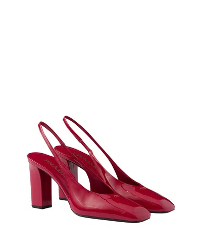 Prada Block Heel Patent Finish Pointed Toe Pumps In Cherry Red