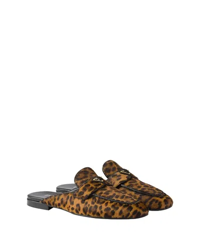 Prada Leather Leopard Logo Mules In Animal Print