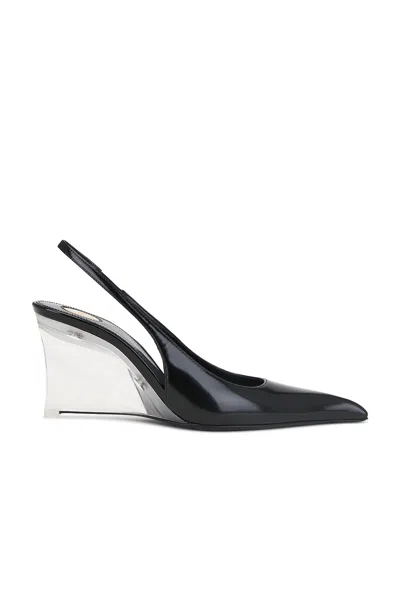 Saint Laurent Pointed Toe Glazed Leather Wedges With Transparent Heel In Black