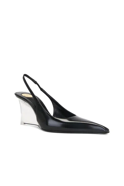 Saint Laurent Pointed Toe Glazed Leather Wedges With Transparent Heel In Black