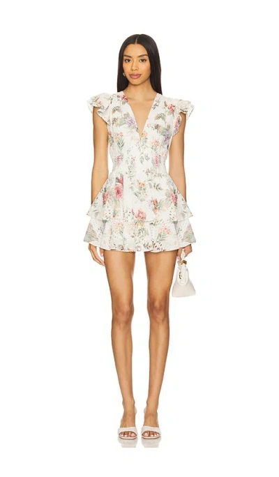 Alice And Olivia Kessie Ruffle Sleeve Romper In Ivory,green