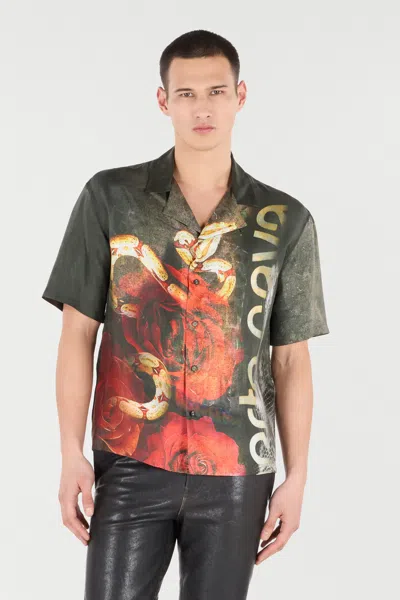 Roberto Cavalli Silk Shirt With Roses And Snakes Print In Red