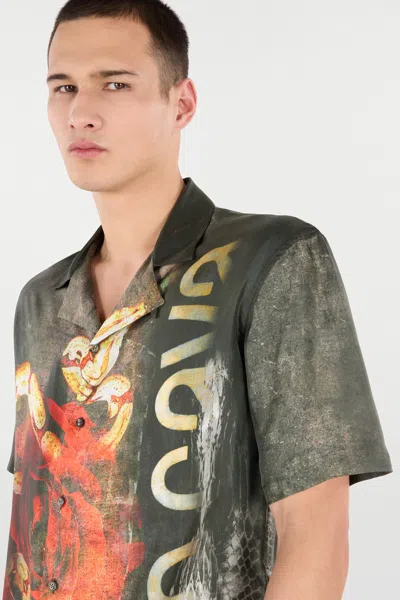 Roberto Cavalli Silk Shirt With Roses And Snakes Print In Red