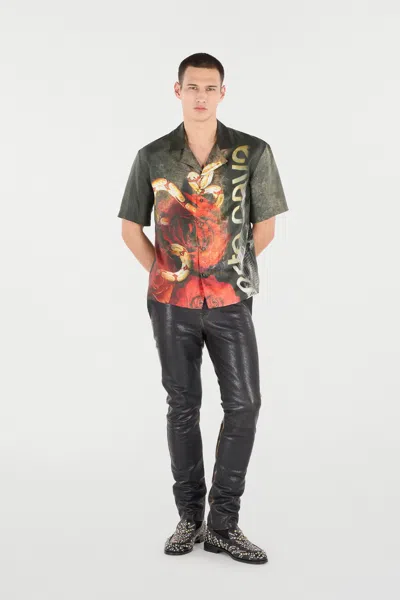 Roberto Cavalli Silk Shirt With Roses And Snakes Print In Red
