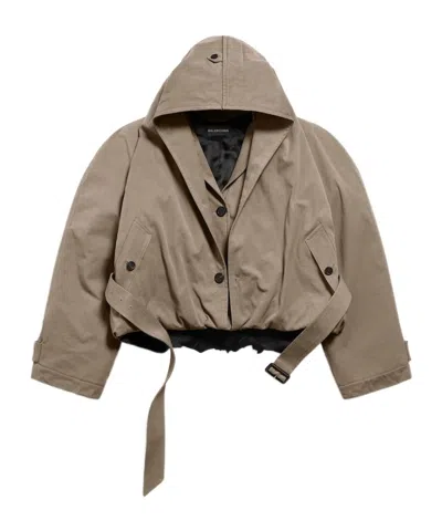 Balenciaga Flipped Hooded Trench Coat In Dark Beige