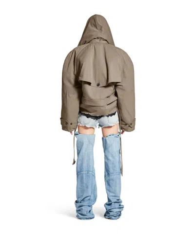 Balenciaga Flipped Hooded Trench Coat In Dark Beige