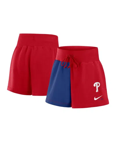Nike Women's Red/royal Philadelphia Phillies Color Block Phoenix Fleece Lounge Shorts In Burgundy