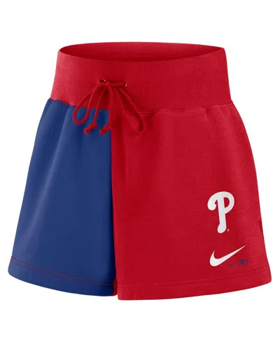Nike Women's Red/royal Philadelphia Phillies Color Block Phoenix Fleece Lounge Shorts In Burgundy