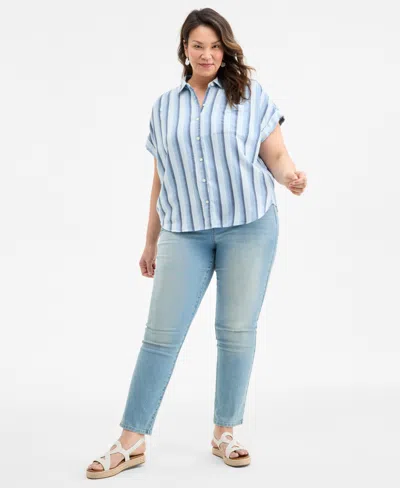 Style & Co Plus Size Striped Camp Shirt, Exclusively At Macy's In Blue