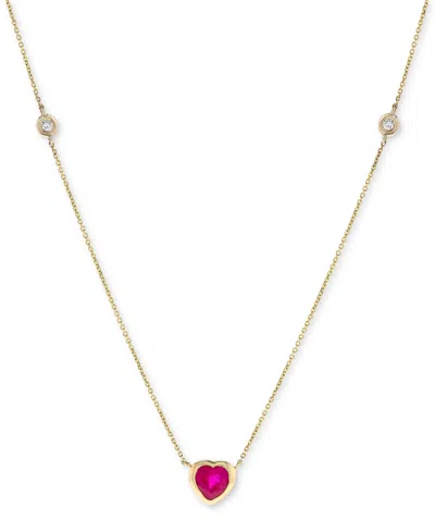 Macy's Ruby (5/8 Ct. T.w.) & Diamond (1/20 Ct. T.w.) Heart Bezel 17" Pendant Necklace In 14k Gold In Ruby