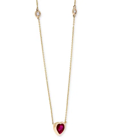 Macy's Ruby (5/8 Ct. T.w.) & Diamond (1/20 Ct. T.w.) Heart Bezel 17" Pendant Necklace In 14k Gold In Ruby