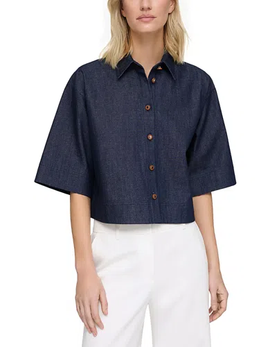 Lafayette 148 Button Front Cropped Top In Indigo