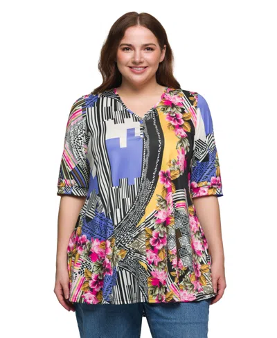 24seven Comfort Apparel Plus Size Print Elbow Sleeve V-neck Henley Tunic Top In Blue Multi