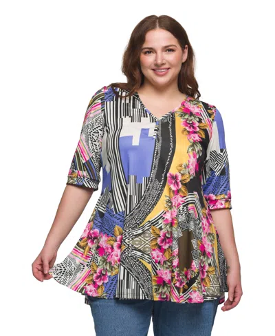 24seven Comfort Apparel Plus Size Print Elbow Sleeve V-neck Henley Tunic Top In Blue Multi