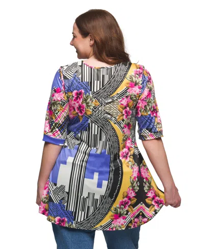 24seven Comfort Apparel Plus Size Print Elbow Sleeve V-neck Henley Tunic Top In Blue Multi