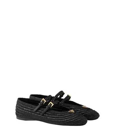 Prada Woven Flat Shoes With Adjustable Gold-tone Straps In Black