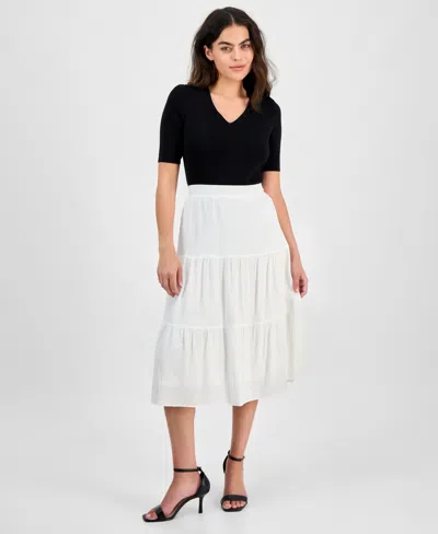 Ak Anne Klein Petite Textured Three-tiered Pull-on Midi Skirt In Bright White