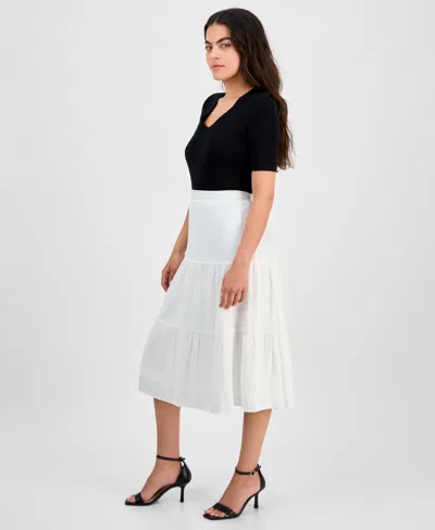 Ak Anne Klein Petite Textured Three-tiered Pull-on Midi Skirt In Bright White