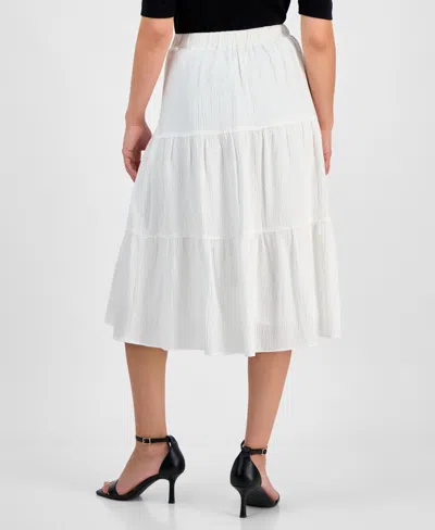Ak Anne Klein Petite Textured Three-tiered Pull-on Midi Skirt In Bright White