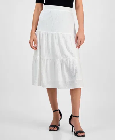 Ak Anne Klein Petite Textured Three-tiered Pull-on Midi Skirt In Bright White
