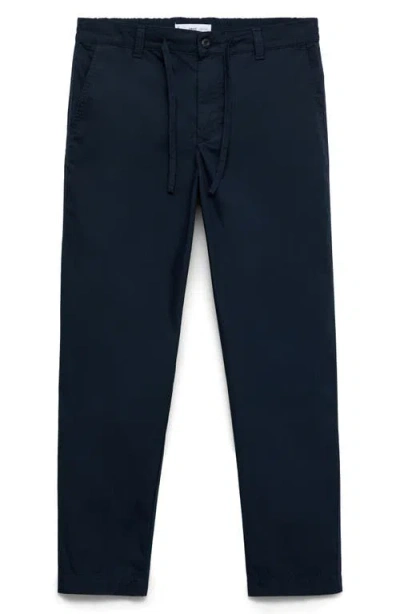 Mango Drawstring Straight Leg Poplin Pants In Blue