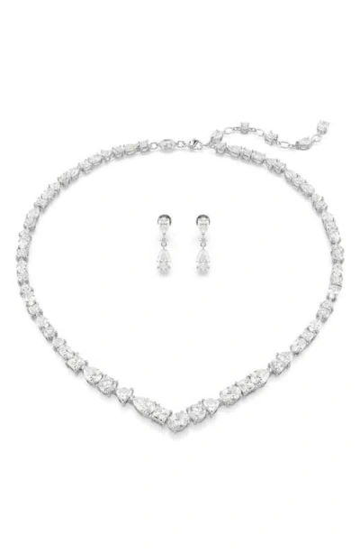 Swarovski Mesmera Mixed Cut Collar Necklace & Drop Earrings Set In Rhodium Plated In White