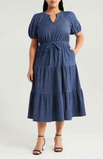 Anne Klein Tiered Puff Sleeve Midi Dress In Blue