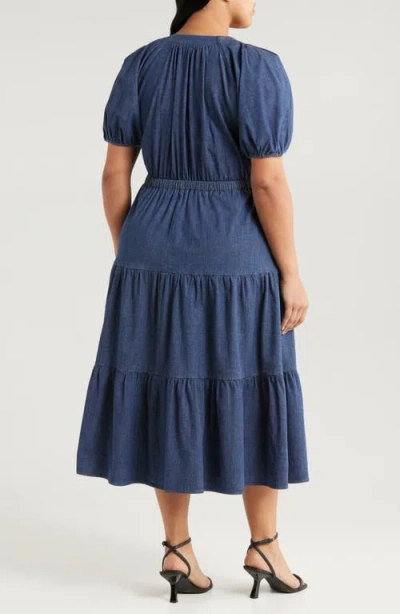 Anne Klein Tiered Puff Sleeve Midi Dress In Blue