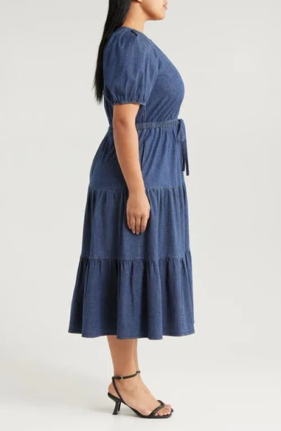 Anne Klein Tiered Puff Sleeve Midi Dress In Blue