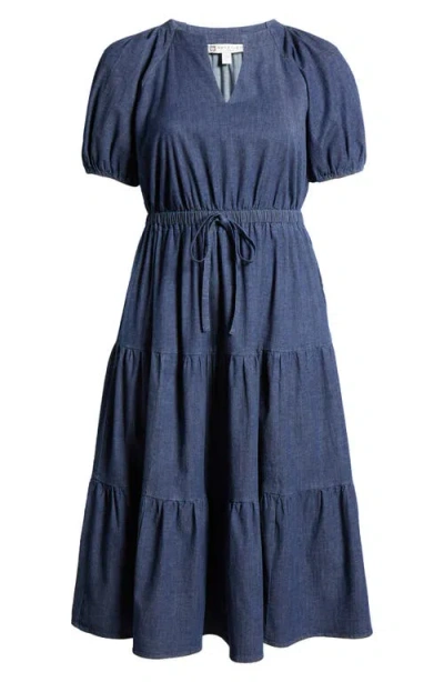 Anne Klein Tiered Puff Sleeve Midi Dress In Blue