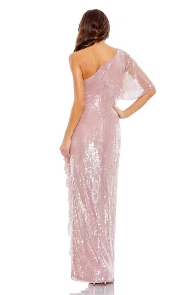 Mac Duggal Sequined Flutter Sleeve One Shoulder Draped Gown In Mauve
