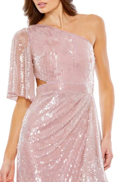 Mac Duggal Sequined Flutter Sleeve One Shoulder Draped Gown In Mauve