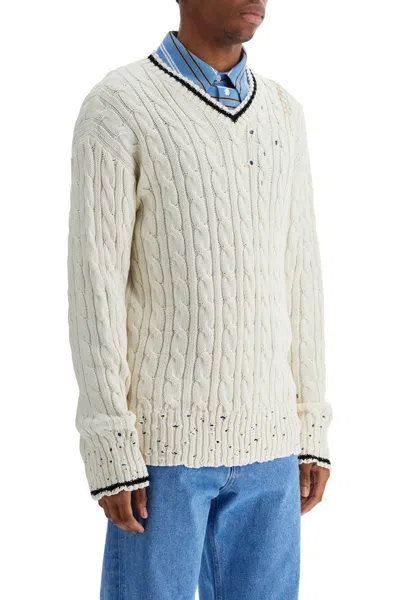 Marni White Cotton Sweater With Cable Knit V-neck In Neutral