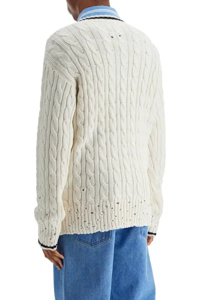 Marni White Cotton Sweater With Cable Knit V-neck In Neutral