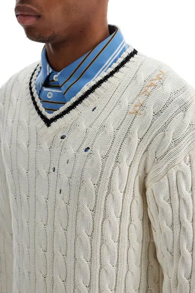 Marni White Cotton Sweater With Cable Knit V-neck In Neutral