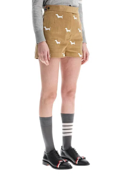 THOM BROWNE KHAKI CORDUROY SHORTS WITH WHITE DOG PATTERN 