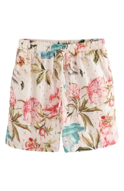 Next Print Broderie Cotton Drawstring Shorts In White