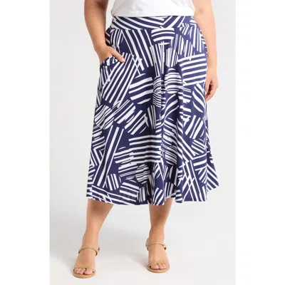 24seven Comfort Apparel Geometric Print Midi Skirt In Navy Multi