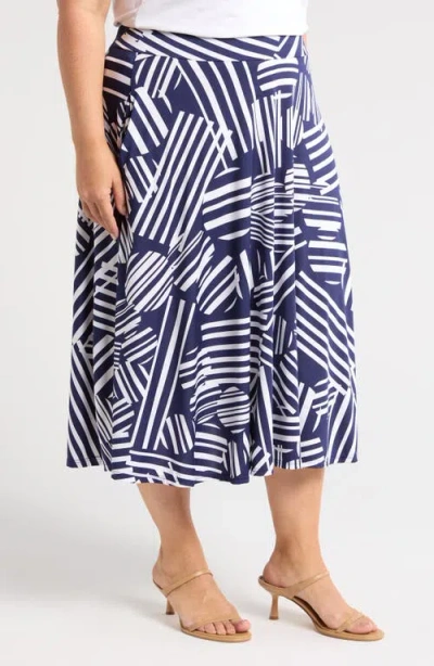 24seven Comfort Apparel Geometric Print Midi Skirt In Navy Multi