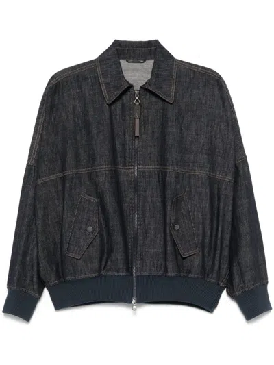 Brunello Cucinelli Denim-effect Twill Bomber Jacket With Shiny Zip In Blue