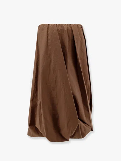 Brunello Cucinelli Cotton Blend Pleated Midi Skirt With Elastic Waistband In Brown