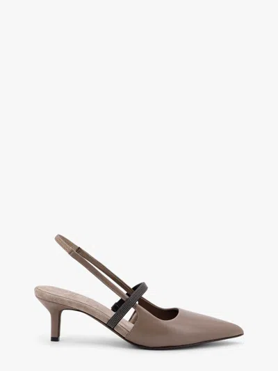 Brunello Cucinelli Grey Nappa Leather Shiny Strap City Slingback In White