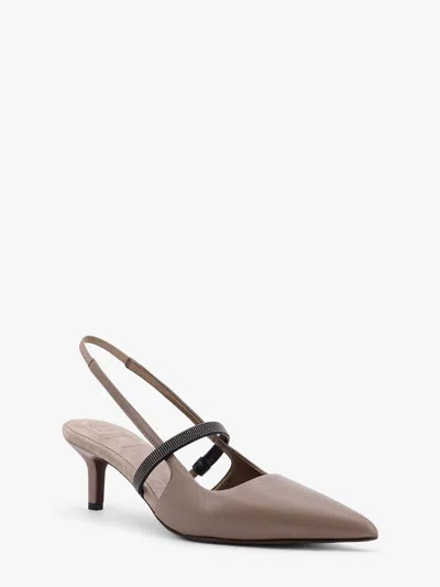 Brunello Cucinelli Grey Nappa Leather Shiny Strap City Slingback In White