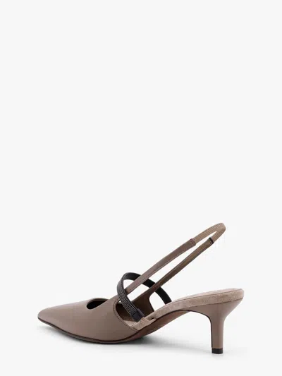 Brunello Cucinelli Grey Nappa Leather Shiny Strap City Slingback In White
