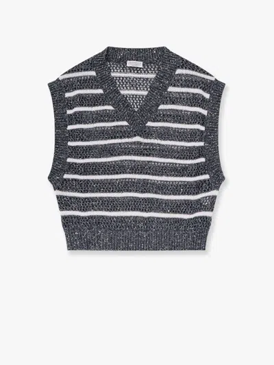 Brunello Cucinelli Dazzling Striped Net Knit Linen Sweater In Multicolor