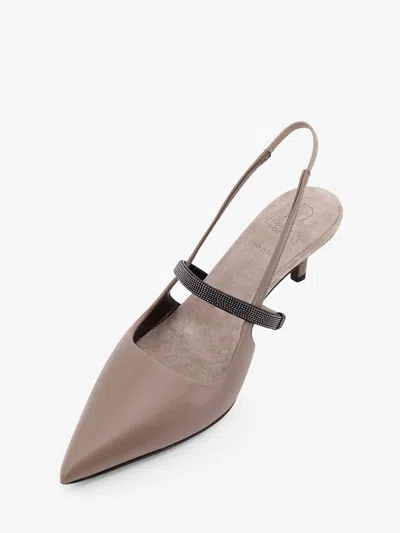 Brunello Cucinelli Grey Nappa Leather Shiny Strap City Slingback In White